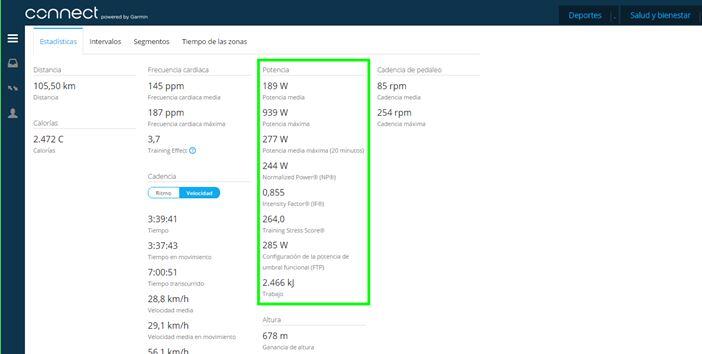 Medidor de potencia de ciclismo software garmin Connect