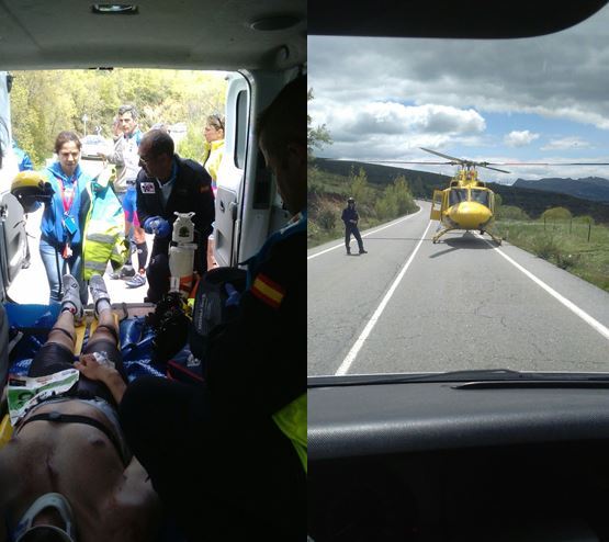 Ferido no Ecotrimad na ambulância e helicóptero