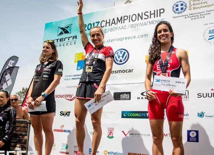 Miriam Casillas on the podium of Xterra Grecia