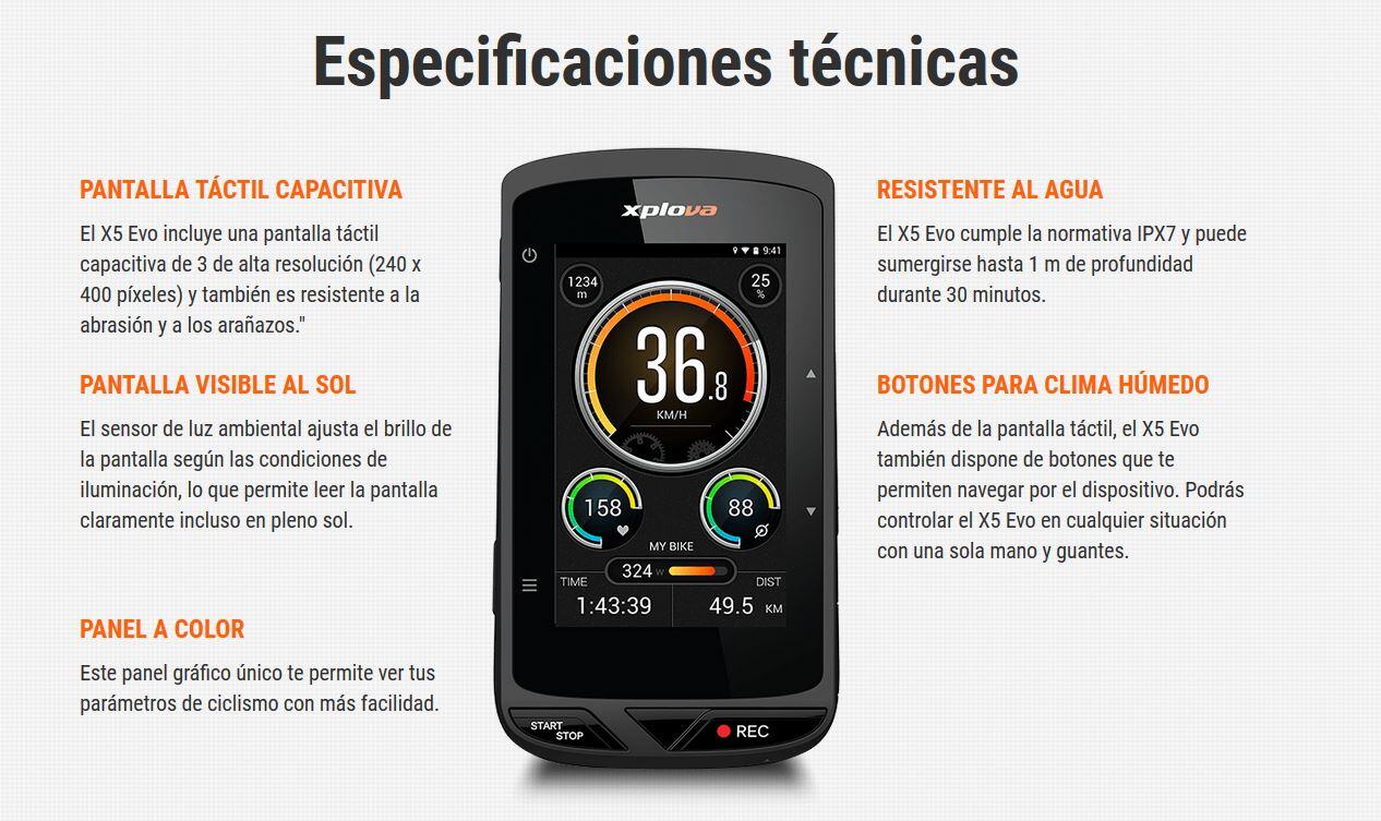 Especificaciones técnicas Xplova X5 Evo