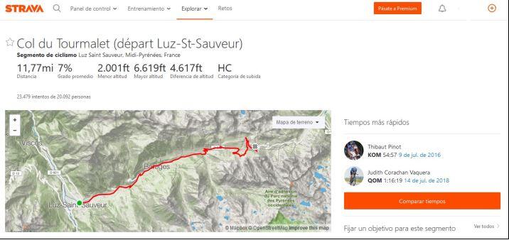 Datos de Strava subida Tourmalet Judith corachan