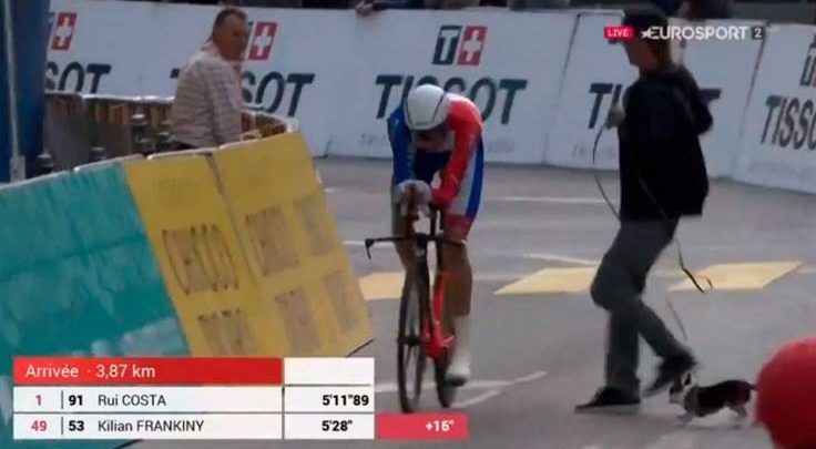 (Vídeo) Un ciclista esquiva en la línea de meta a un peatón y su perro en el Tour de Normandía