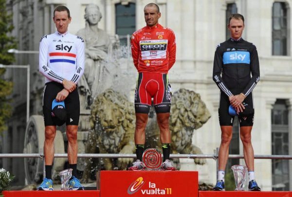 O pódio de La Vuelta 2011: Cobo, Froome e Wiggins.