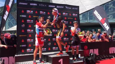 Javier Gómez Noya e Pablo Dapena no pódio do Campeonato Europeu IRONMAN 70.3