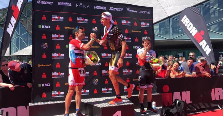 Javier Gómez Noya and Pablo Dapena on the podium of the European Championship IRONMAN 70.3