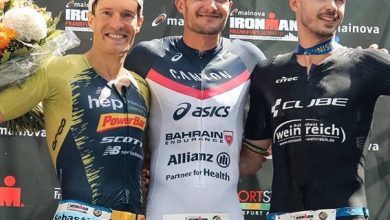 Jan Frodeno and Sebastian Kienle on the podium of IRONMAN Frankfurt