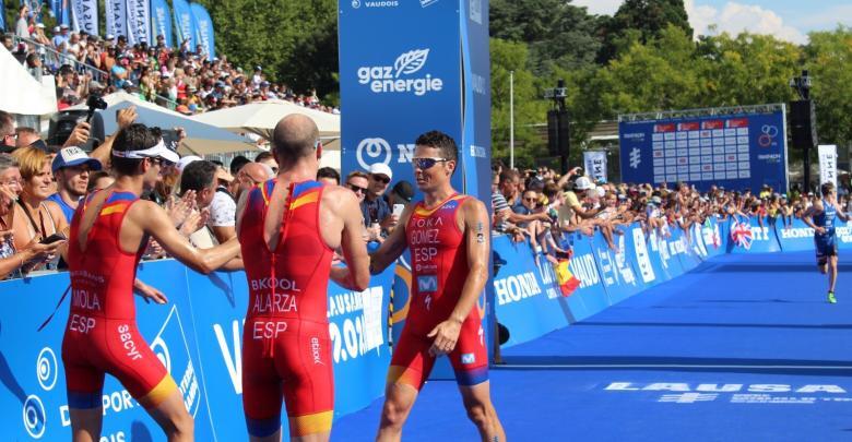 Entrée de Javier Gómez Noya avec Mario Mola et Fernando Alarza à Laussane