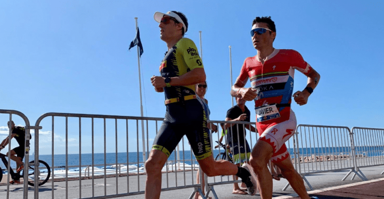 Javier Gómez Noya und Sebastian Kienle laufen auf dem IRONMAN 70.3 Nice