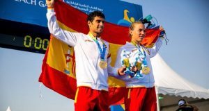 Xisca Tous and Kevin Tarek at the Beach Games podium