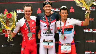 Alistair, Frodeno and Noya at the podium of an IRONMAN