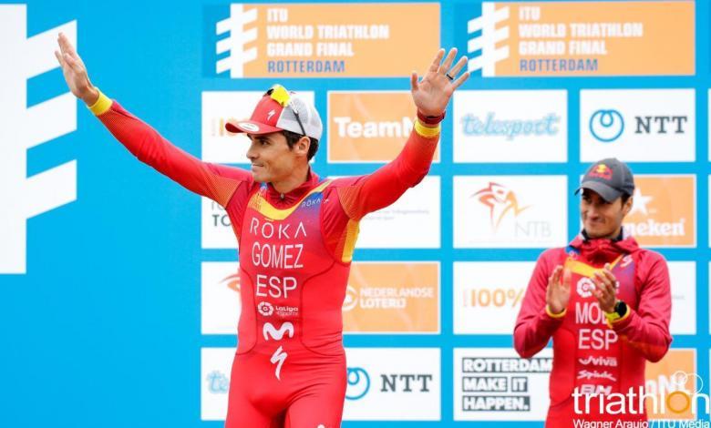 Javier Gómez Noya and Mario Mola at the World Series Podium