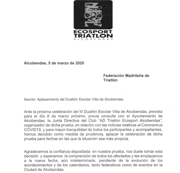 Se cancela un duatlón escolar en Madrid por el Coronavirus - Noticias Triatlón Comunicados suspensión duatlón escolar Alcobendas 2020