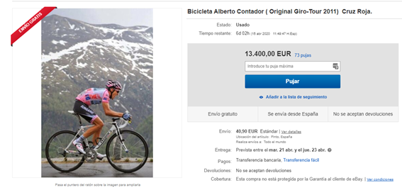 Captura puja bicicleta que subasta Alberto Contador