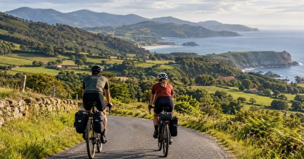 Dos cicloturistas con alforjas pedalean por una carretera rural hacia un paisaje costero