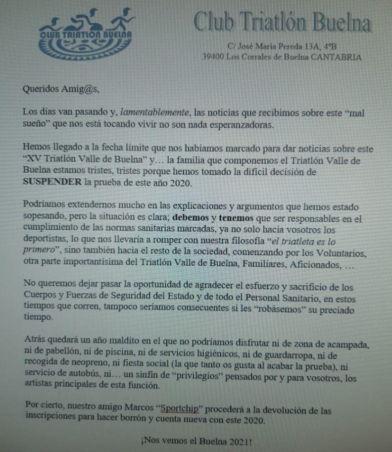 El Triatlón Valle de Buelna se suspende por el Coronavirus - Noticias Triatlón Comunicado oficial Cancelación triatlón valle de Buelna