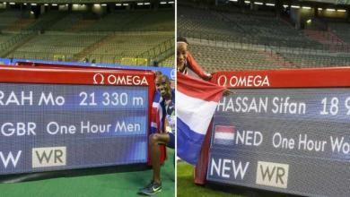 Mo Farah and Sifan Hassan record the time