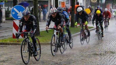 Cyclists riding in rain