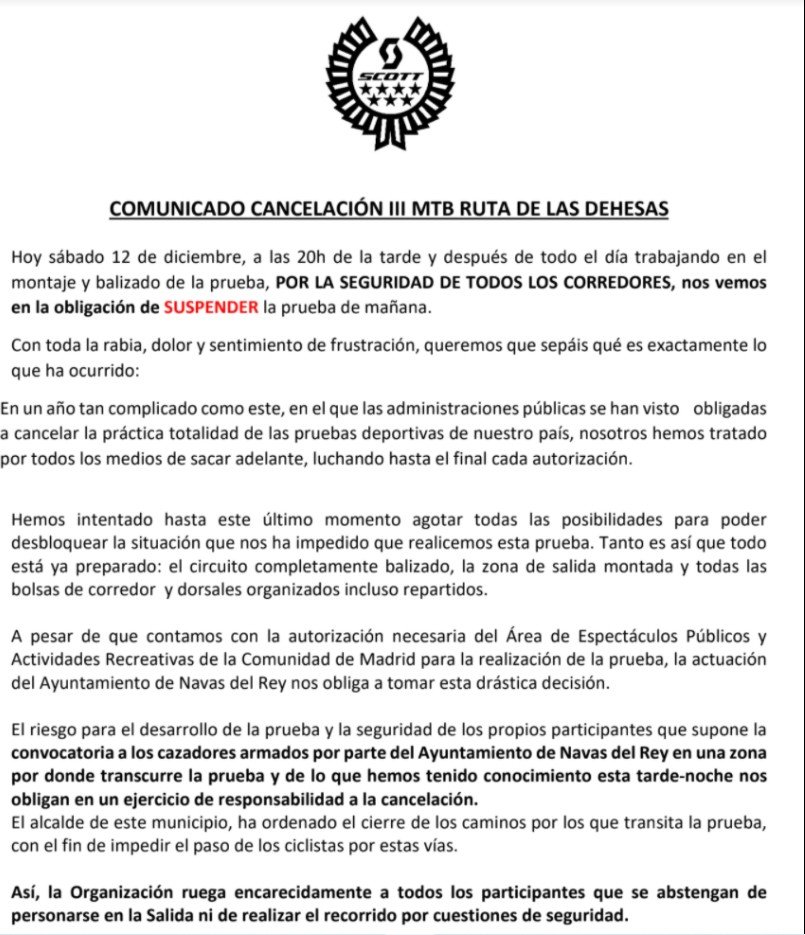 Ankündigung der Aussetzung des MTB Ruta de las Dehesas
