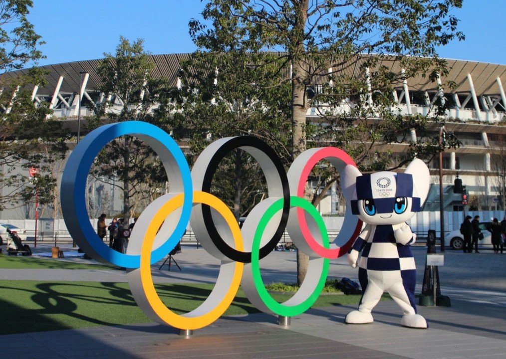 Olympic rings with Tokyo 2020 mascot