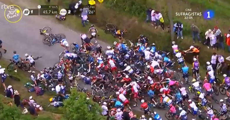 Uno spettatore provoca una caduta nella prima tappa del Tour de France