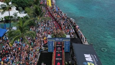 / aerial image of the finish line in Kona