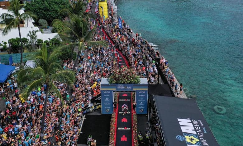 / aerial image of the finish line in Kona