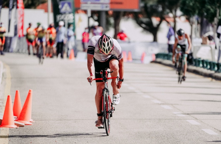 A triathlete reaching the transition