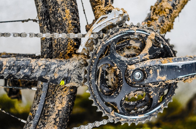 Image of a muddy mountain bike