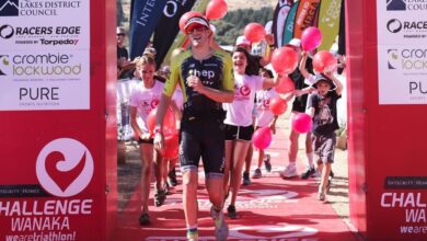 Sebastian Kienle crossing the finish line of Challenge Wanaka