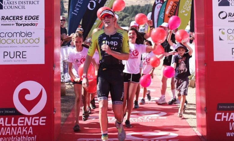 Sebastian Kienle crossing the finish line of Challenge Wanaka