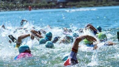 Triathleten schwimmen im Guadalquivir