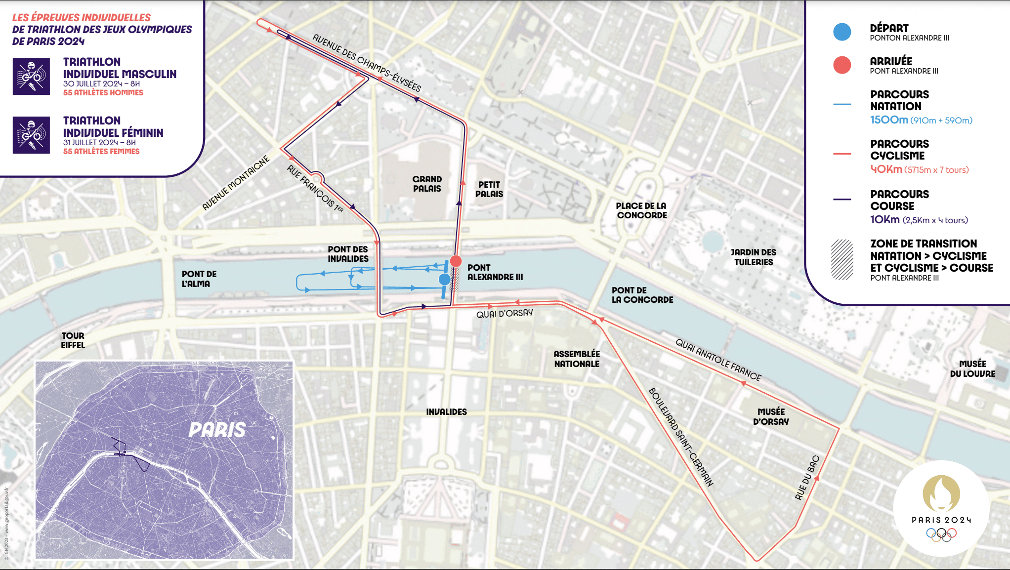 Ya se conocen los circuitos del triatlón para los Juegos de París 2024 - Juegos Olímpicos París 2024 Noticias Triatlón Circuito élite individual de los Juegos Olímpicos de Paris 2024