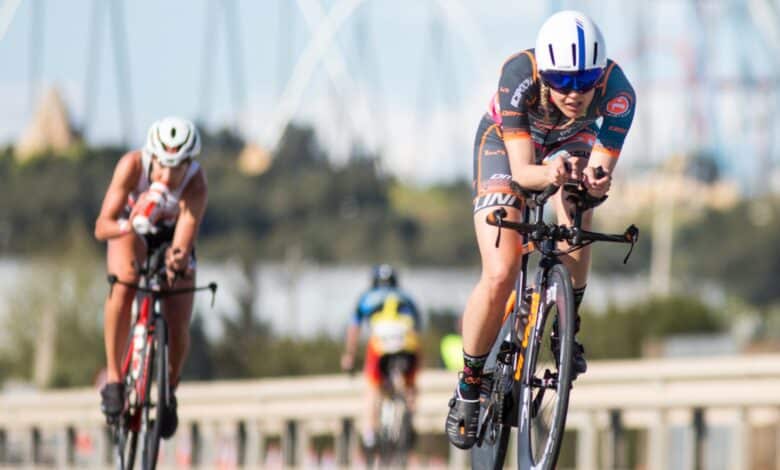 Image of two triathletes in the cycling segment of Challenge Salou