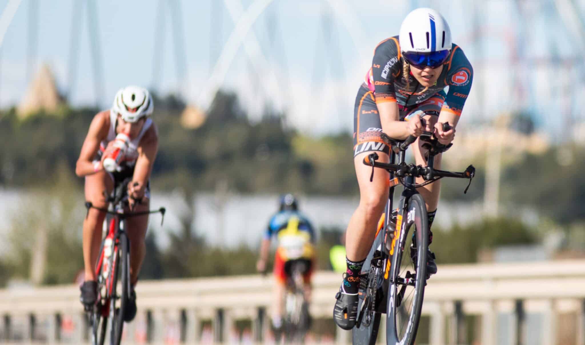 Image of two triathletes in the cycling segment of Challenge Salou