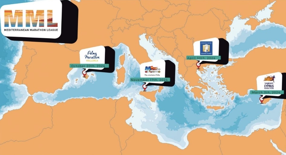 Mapa con las 4 maratones de la mediterranean-marathon-league