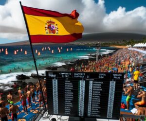 Ilustración de las clasificaciones en el Mundial IRONMAN Hawaii con la bnadera española