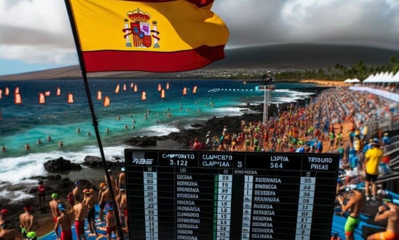 Ilustração das classificações na Copa do Mundo IRONMAN Havaí com a bandeira espanhola