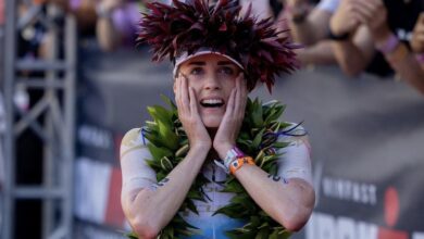 @kaidenlieto / Lucy Charles at the finish line of IRONMAN Kona