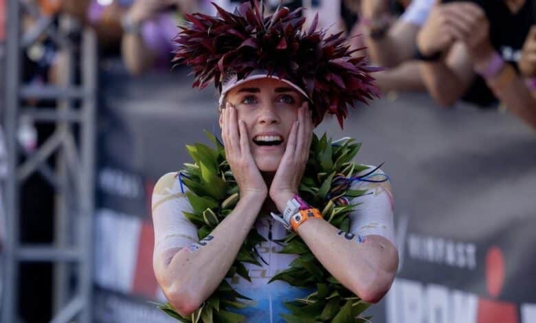 @kaidenlieto / Lucy Charles at the finish line of IRONMAN Kona