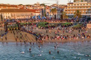 IRONMAN/ aerial image of the start of IRONMAN Portugal