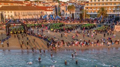 IRONMAN/ aerial image of the start of IRONMAN Portugal