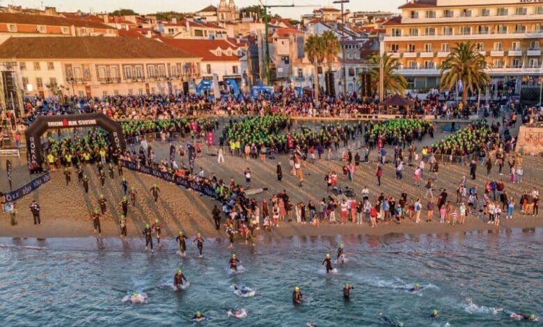 IRONMAN/ aerial image of the start of IRONMAN Portugal