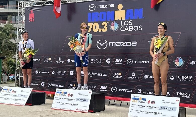 @lalobadillo_ / Sara Pérez on the podium at IRONMAN 70.3 Los Cabos