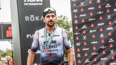 Instragram/ Antonio Benito at the finish line of an IRONMAN test