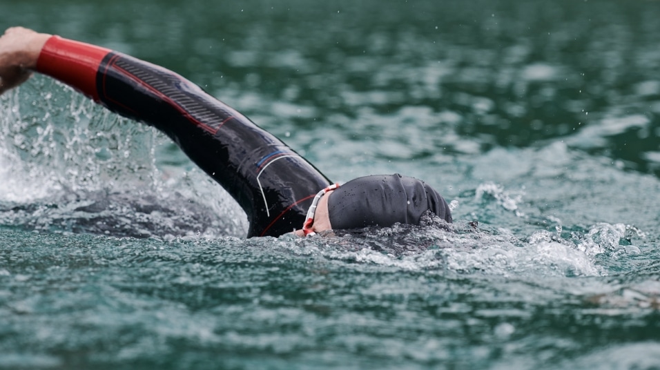 Canva/ a triathlete swimming in open water