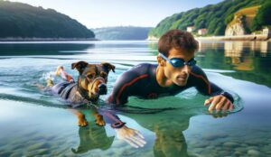 Un triatleta y su mascota saliendo del agua