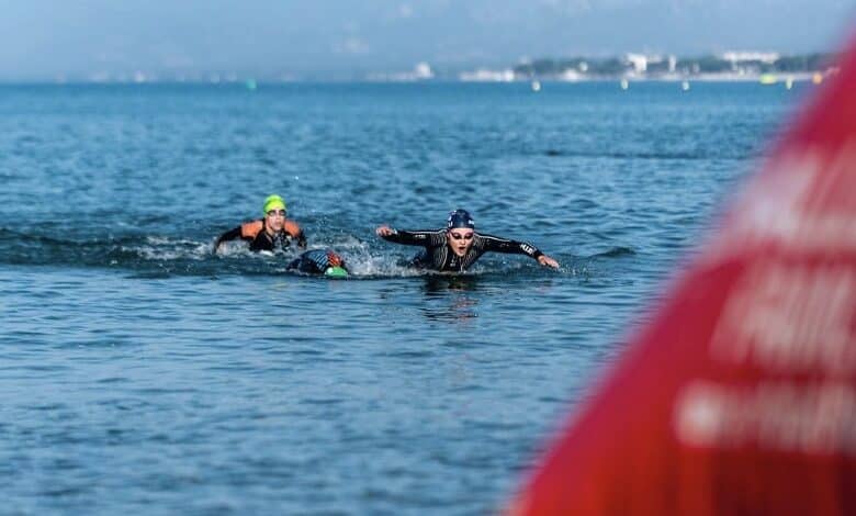 Instagram/image of triathletes coming out of the water in Salou