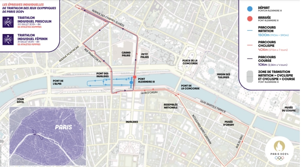 Mapa do percurso de triatlo nos Jogos de Paris 2024