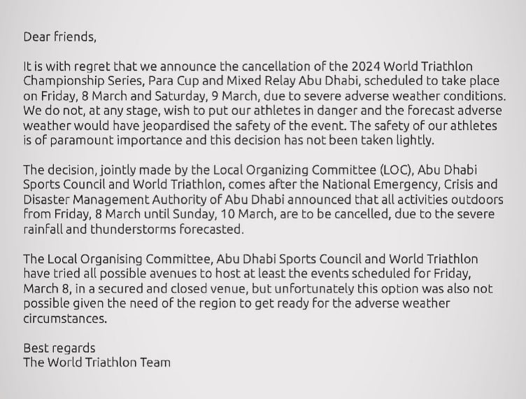 La Serie Mundial de Triatlón Abu Dhabi 2024 Cancelada - Noticias Triatlón Series Mundiales Triatlón Cancelación WTCS Abu dhabi 2024