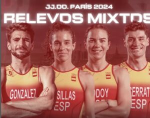 Cartel triarmada para los relevos mixtos del triatlón en Paris 2024